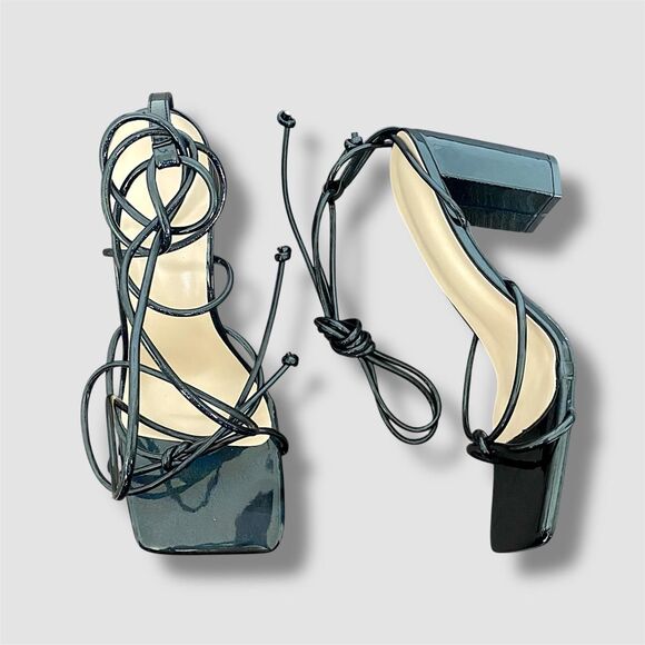 Shoes - Black Glitter Iridescent Glam Square Open Toe Block Heel Lace Up Sandals US 9.5